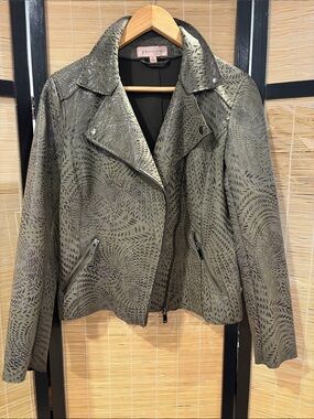 philosophy olive patterned moto jacket with embossed leaf design